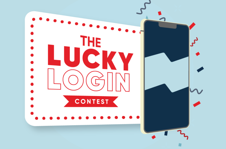 Drawing of a mobile phone displaying the National Bank logo and The Lucky Login Contest